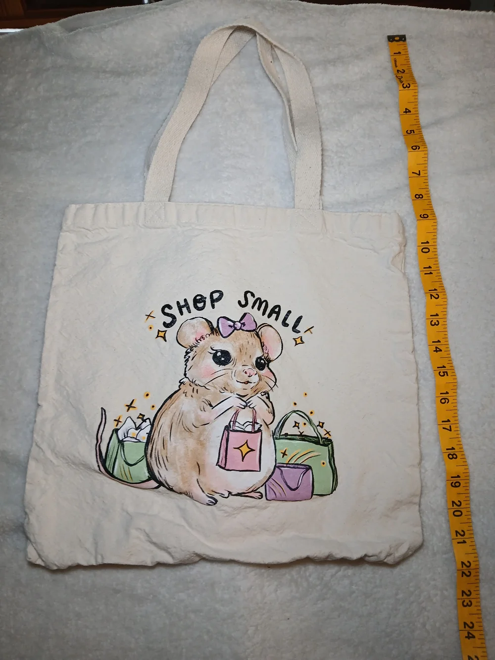 Canvas Tote Bag with Cute Hamster 'Shop Small' Print - Pink & Green